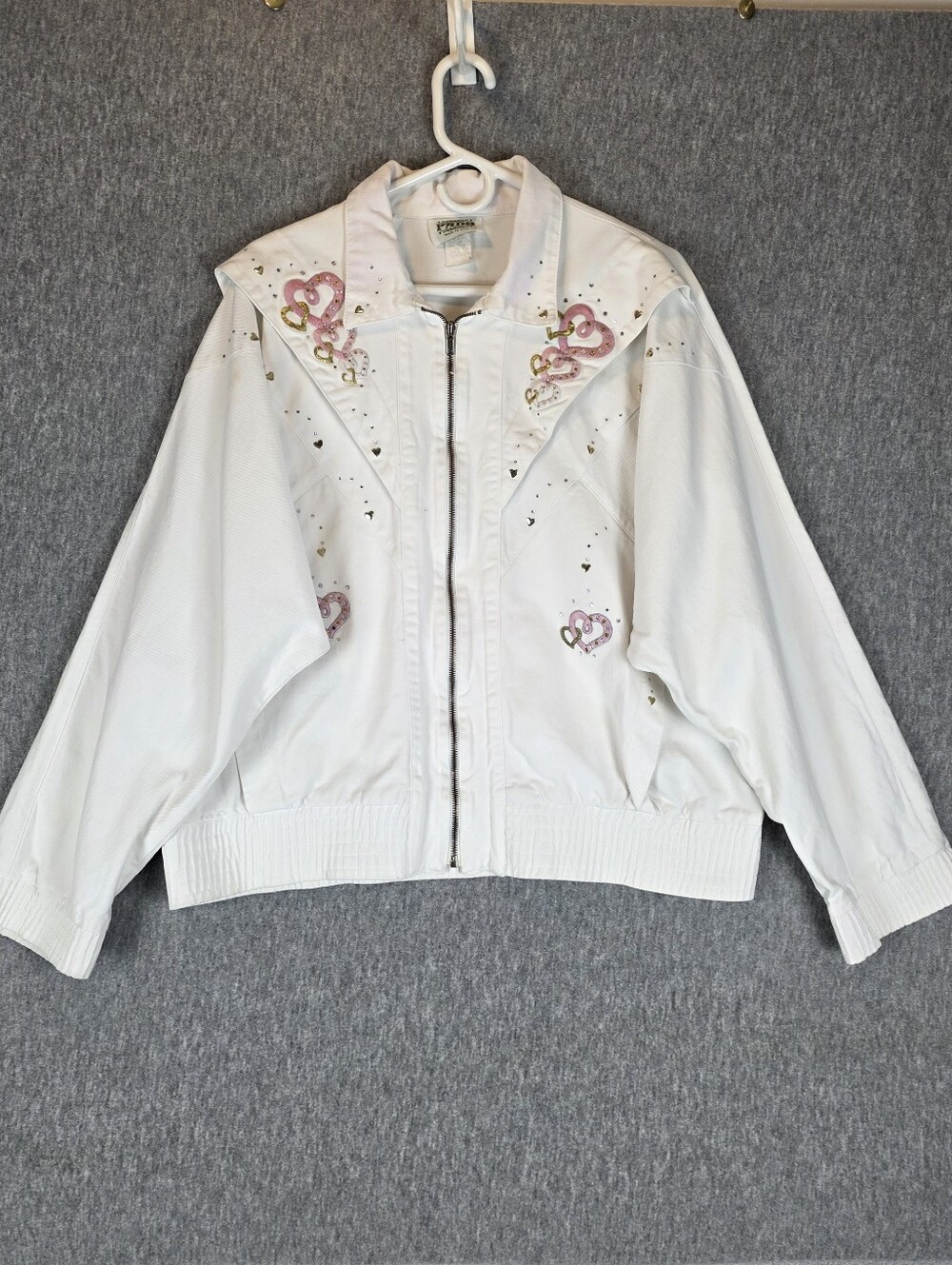 Vintage Pado Pink Hearts Embellished White Denim Jacket Lg Made in USA READ